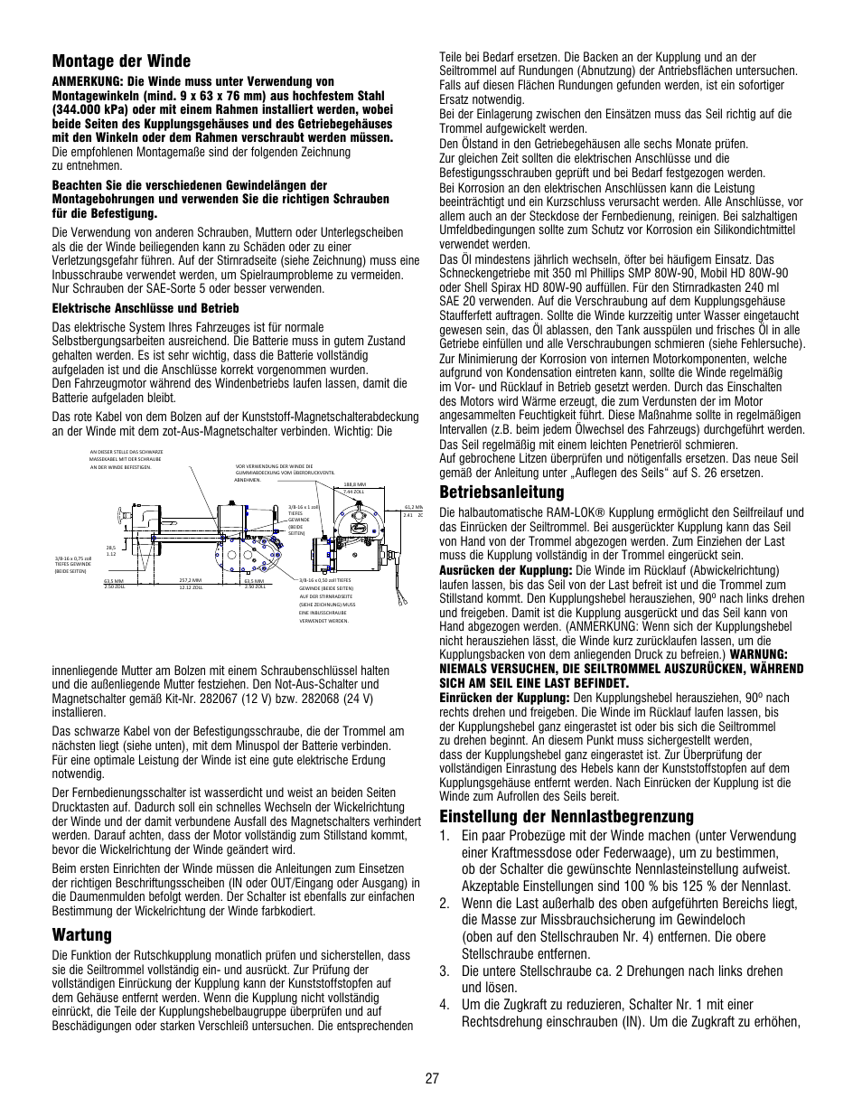 Montage der winde, Wartung, Betriebsanleitung | Einstellung der nennlastbegrenzung | Ramsey Winch RE 34,9 User Manual | Page 26 / 43