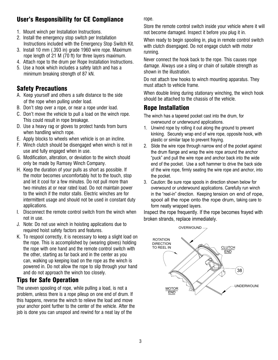 User’s responsibility for ce compliance, Safety precautions, Tips for safe operation | Rope installation | Ramsey Winch RE 34,9 User Manual | Page 3 / 43