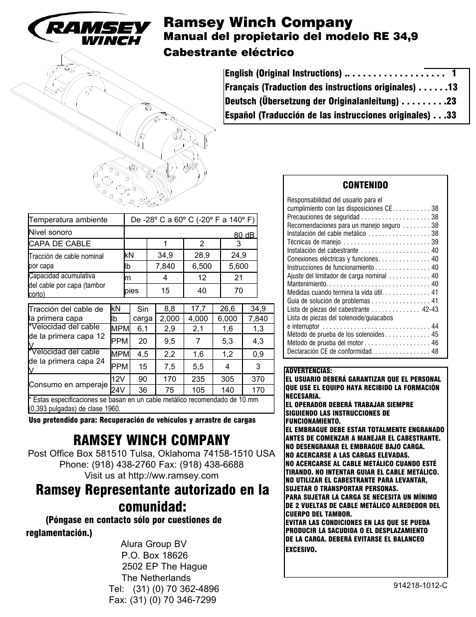 914218 1012 b es re34,9, Ramsey winch company, Ramsey representante autorizado en la comunidad | Manual del propietario del modelo re 34,9, Cabestrante eléctrico | Ramsey Winch RE 34,9 User Manual | Page 33 / 43