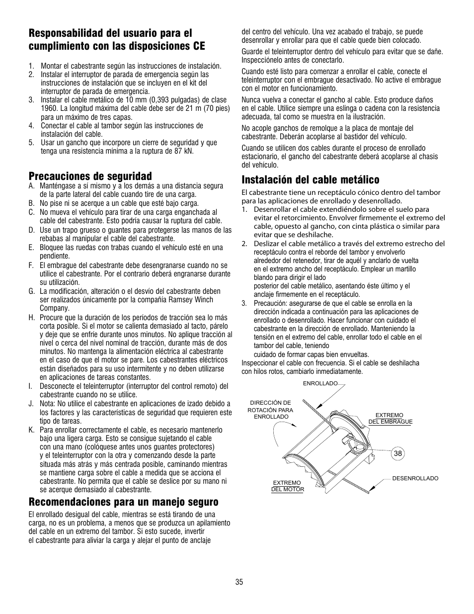 Precauciones de seguridad, Recomendaciones para un manejo seguro, Instalación del cable metálico | Ramsey Winch RE 34,9 User Manual | Page 34 / 43