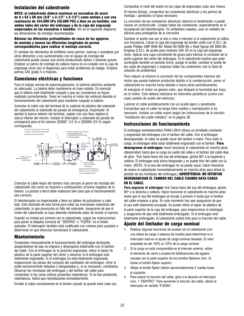 Instalación del cabestrante, Conexiones eléctricas y funciones, Mantenimiento | Instrucciones de funcionamiento, Ajuste del limitador de carga nominal | Ramsey Winch RE 34,9 User Manual | Page 36 / 43