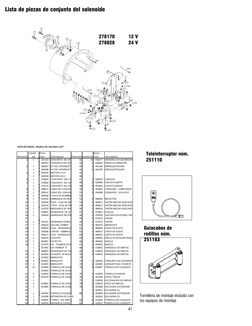 Lista de piezas de conjunto del solenoide | Ramsey Winch RE 34,9 User Manual | Page 40 / 43