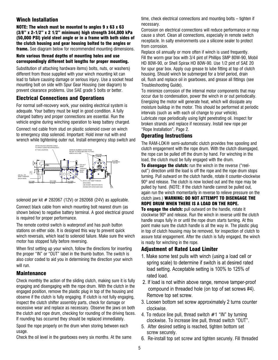 Winch installation, Electrical connections and operations, Maintenance | Operating instructions | Ramsey Winch RE 34,9 User Manual | Page 5 / 43