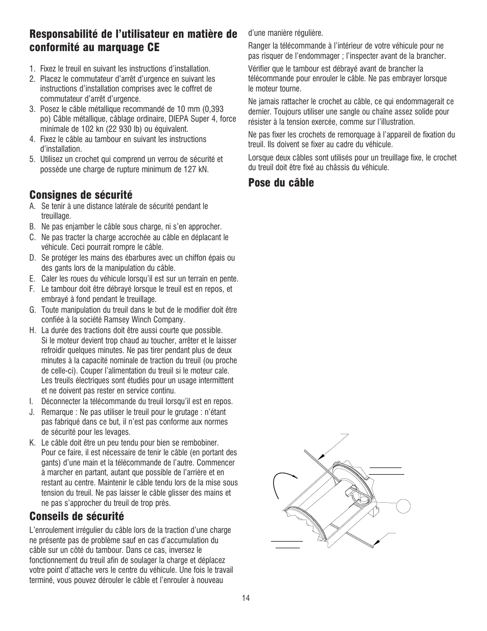 Consignes de sécurité, Conseils de sécurité, Pose du câble | Ramsey Winch RE 50,7 User Manual | Page 13 / 44