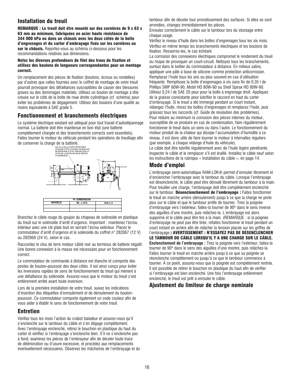 Installation du treuil, Fonctionnement et branchements électriques, Entretien | Mode d’emploi, Ajustement du limiteur de charge nominale | Ramsey Winch RE 50,7 User Manual | Page 15 / 44