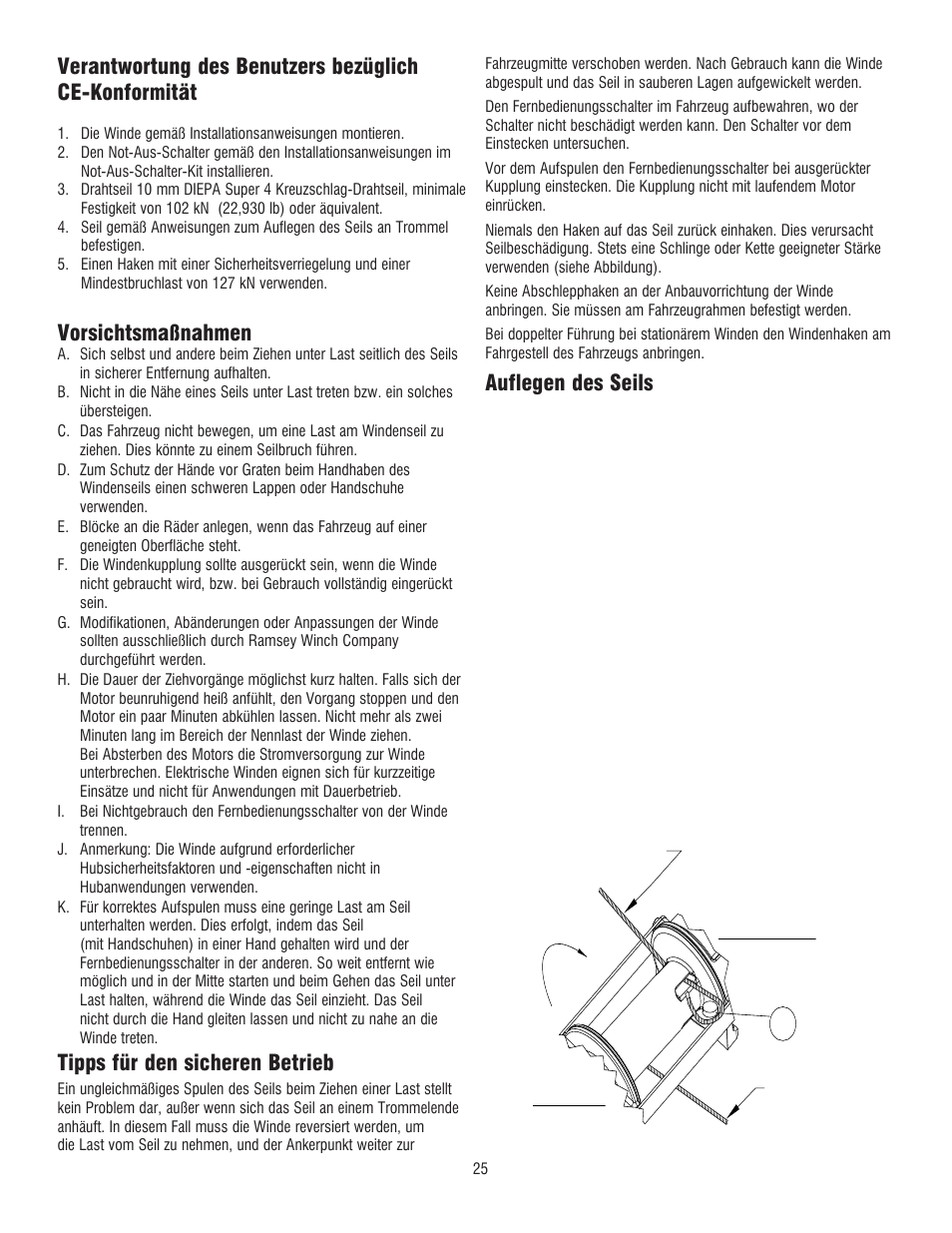 Vorsichtsmaßnahmen, Tipps für den sicheren betrieb, Auflegen des seils | Ramsey Winch RE 50,7 User Manual | Page 24 / 44