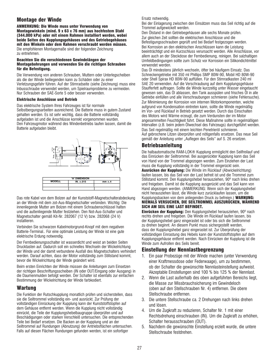 Montage der winde, Wartung, Betriebsanleitung | Einstellung der nennlastbegrenzung | Ramsey Winch RE 50,7 User Manual | Page 26 / 44