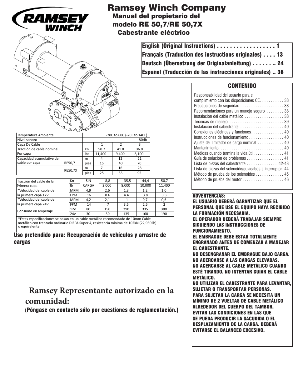 914251-e - 0913 es, Ramsey winch company, Ramsey representante autorizado en la comunidad | Manual del propietario del modelo, Cabestrante eléctrico | Ramsey Winch RE 50,7 User Manual | Page 34 / 44