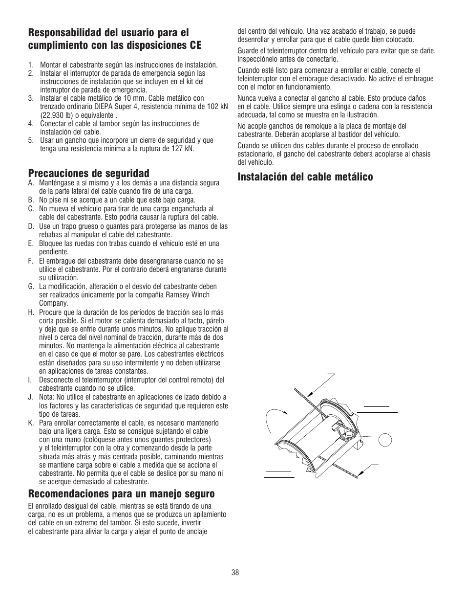Precauciones de seguridad, Recomendaciones para un manejo seguro, Instalación del cable metálico | Ramsey Winch RE 50,7 User Manual | Page 35 / 44