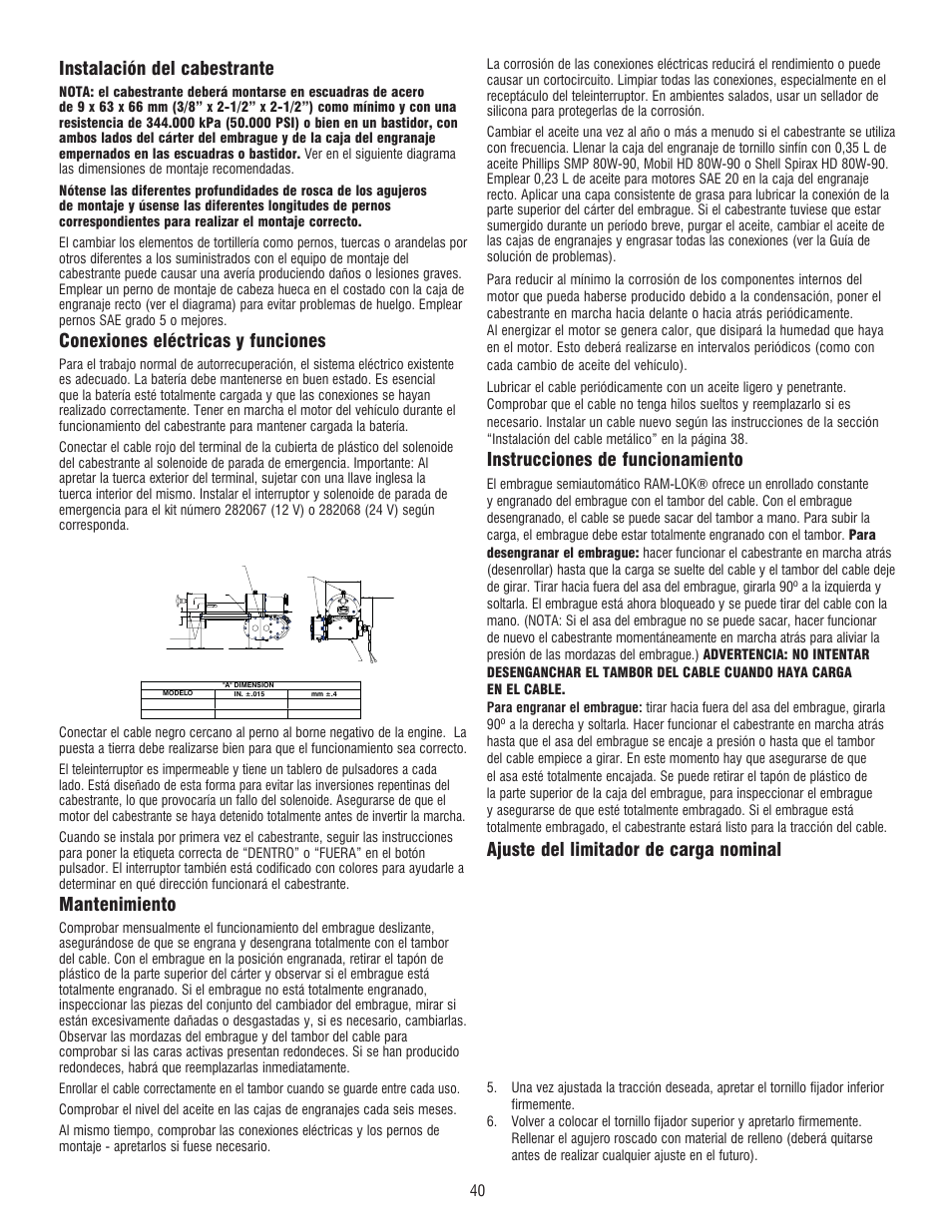 Instalación del cabestrante, Conexiones eléctricas y funciones, Mantenimiento | Instrucciones de funcionamiento, Ajuste del limitador de carga nominal | Ramsey Winch RE 50,7 User Manual | Page 37 / 44