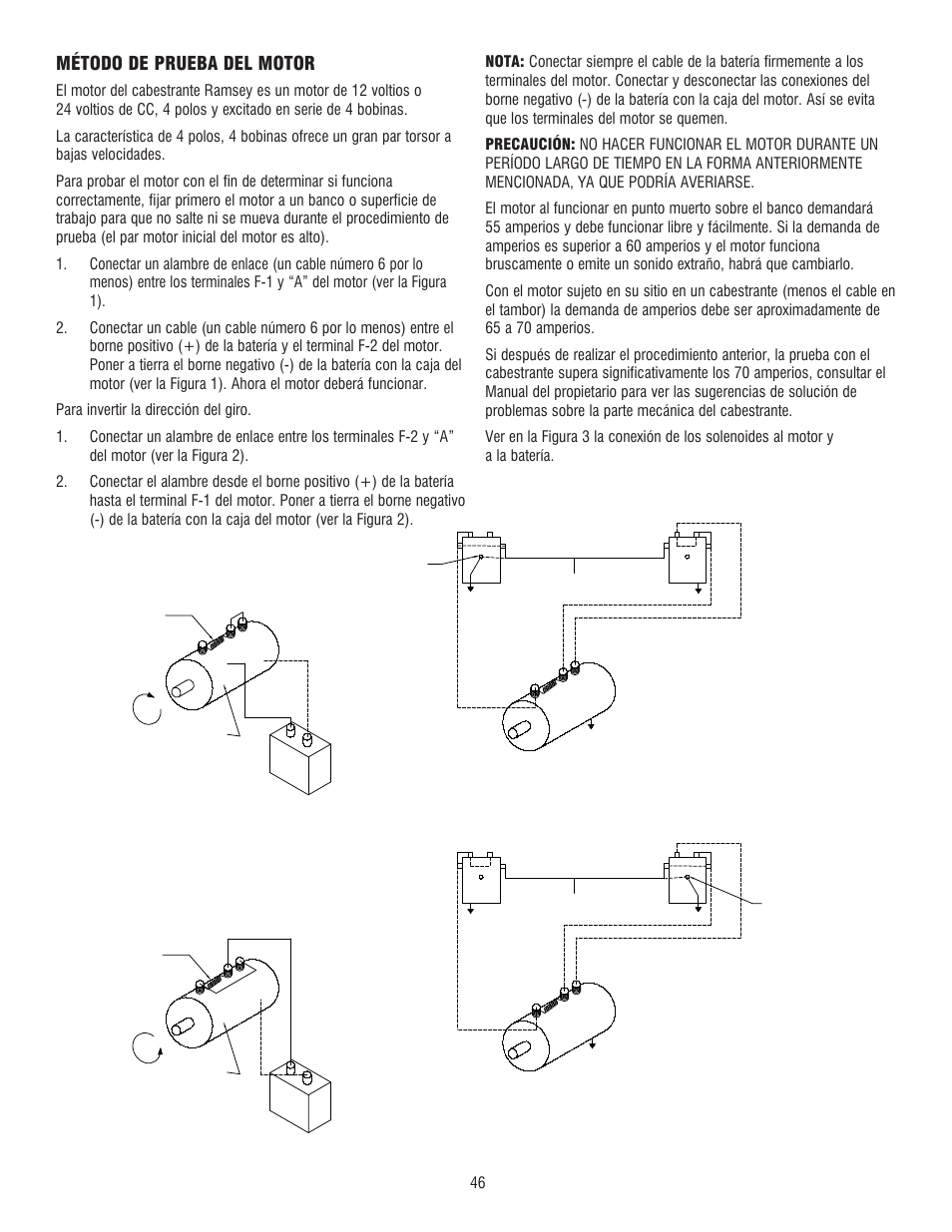 Método de prueba del motor, Figura, 1motor - giro a la derecha | Motor - giro a la izquierda, Figura 3 conexiones de los solenoides al motor | Ramsey Winch RE 50,7 User Manual | Page 43 / 44