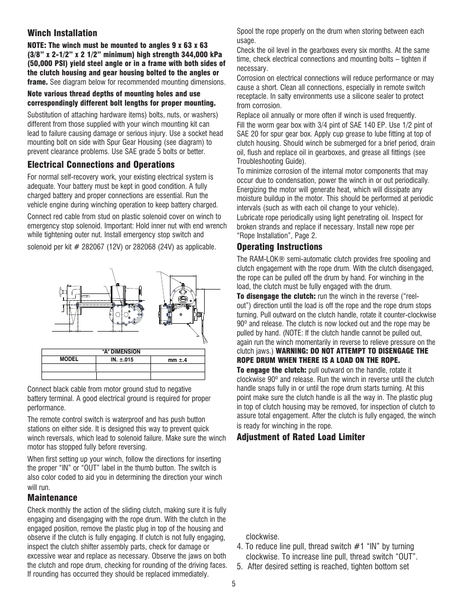 Winch installation, Electrical connections and operations, Maintenance | Operating instructions | Ramsey Winch RE 50,7 User Manual | Page 5 / 44