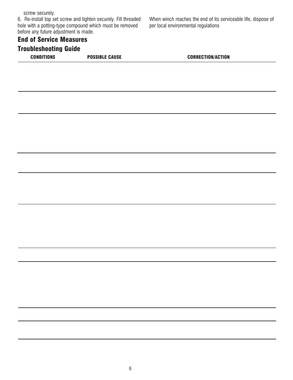 End of service measures, Troubleshooting guide | Ramsey Winch RE 50,7 User Manual | Page 6 / 44