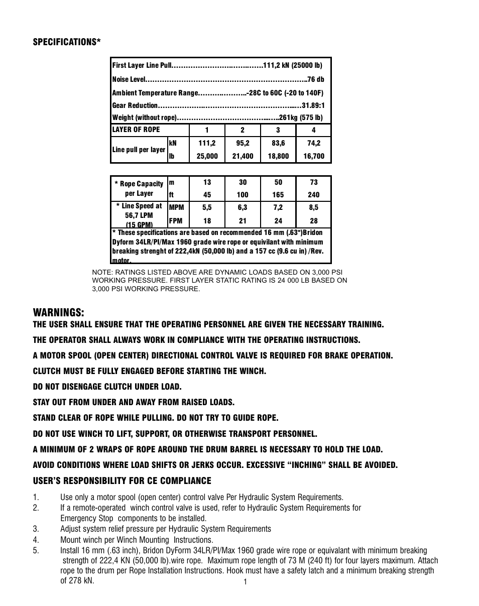 Warnings | Ramsey Winch RPH 111,2 User Manual | Page 4 / 81