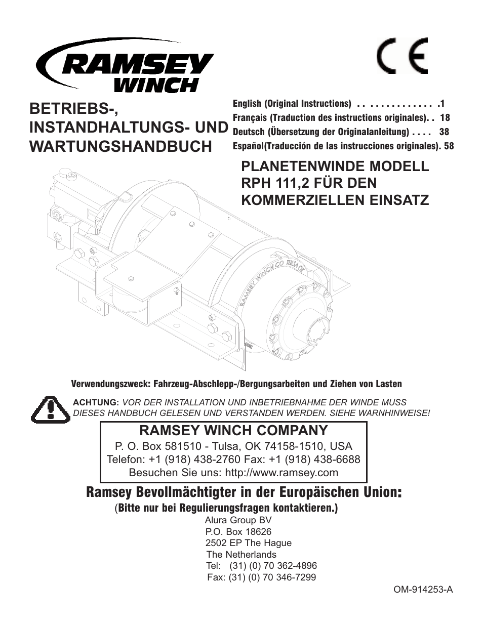 Rph111,2 de 1211, Betriebs-, instandhaltungs- und wartungshandbuch, Ramsey winch company | Ramsey bevollmächtigter in der europäischen union | Ramsey Winch RPH 111,2 User Manual | Page 42 / 81