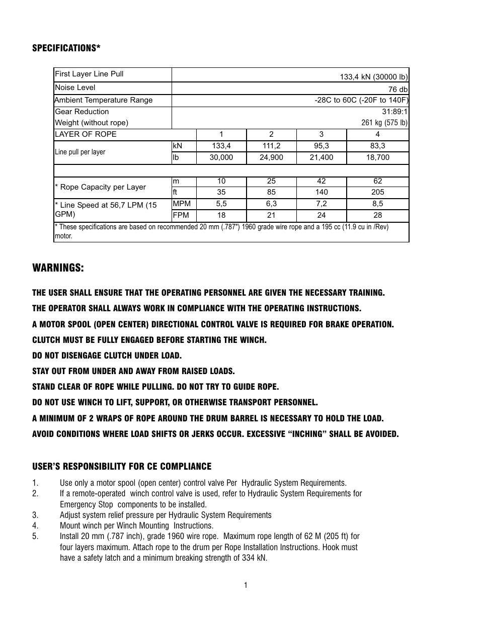 Warnings | Ramsey Winch RPH 133,4 User Manual | Page 4 / 82