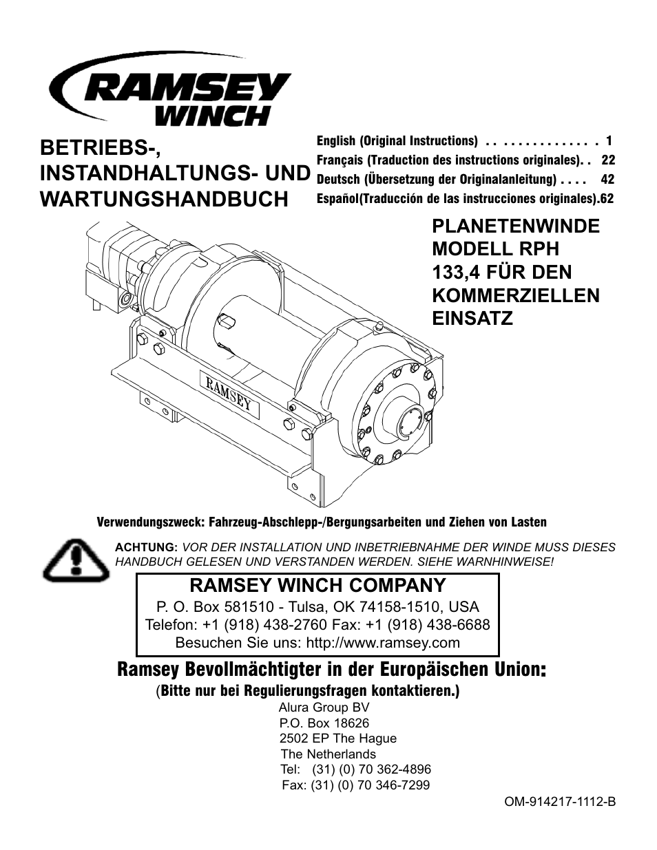 Rph 133,4_de 1112_rph 133,4, Betriebs-, instandhaltungs- und wartungshandbuch, Ramsey winch company | Ramsey bevollmächtigter in der europäischen union | Ramsey Winch RPH 133,4 User Manual | Page 42 / 82