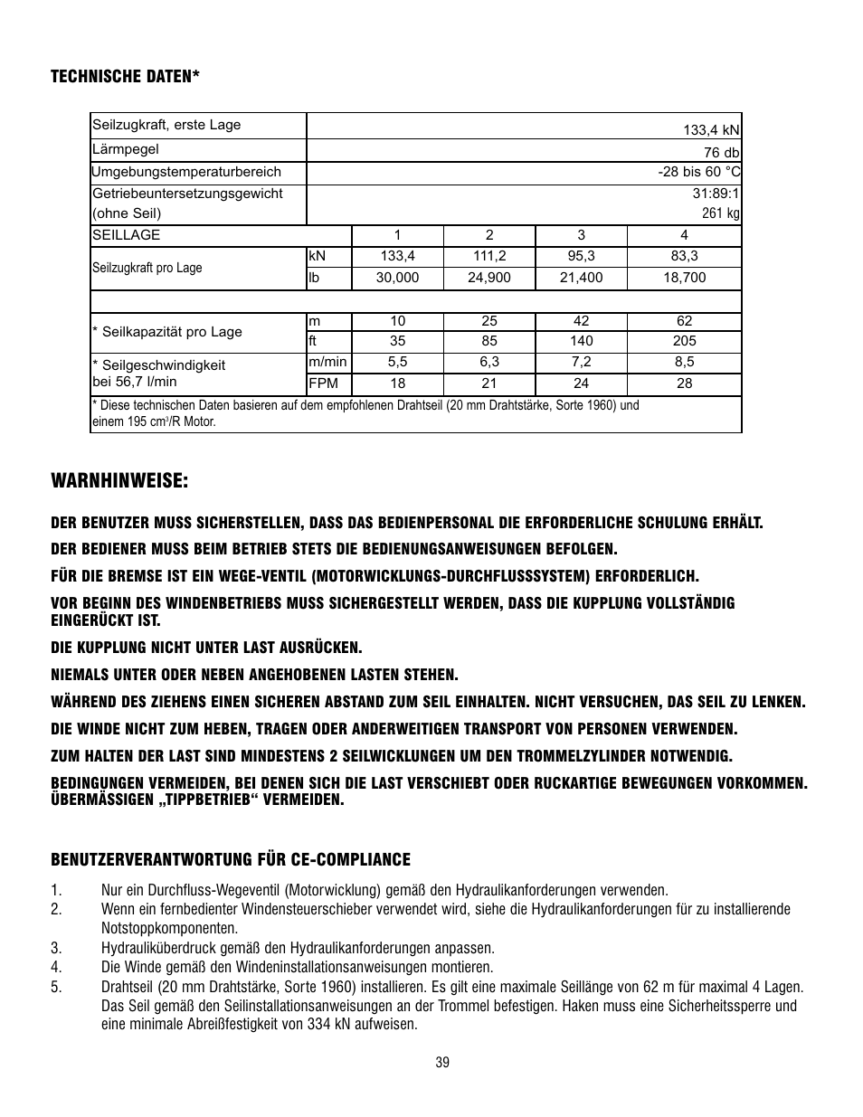 Warnhinweise | Ramsey Winch RPH 133,4 User Manual | Page 44 / 82