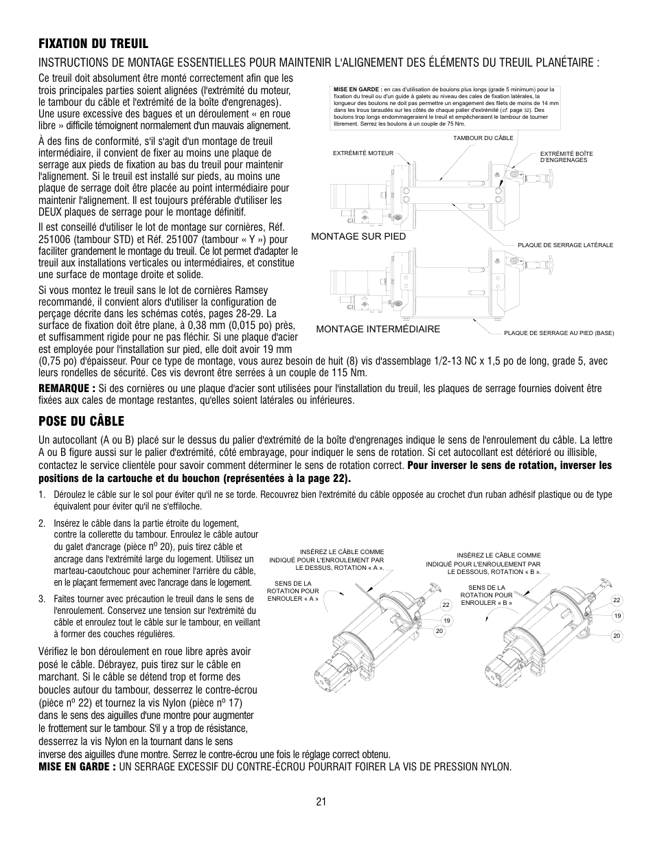 Fixation du treuil, Pose du câble | Ramsey Winch RPH 42,2 User Manual | Page 21 / 65