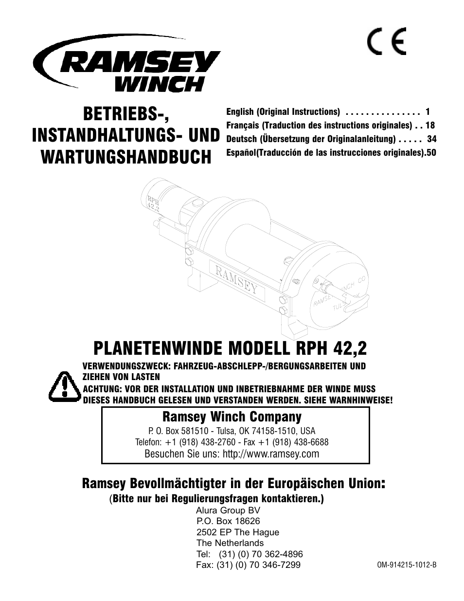 Ramsey winch company, Ramsey bevollmächtigter in der europäischen union | Ramsey Winch RPH 42,2 User Manual | Page 34 / 65