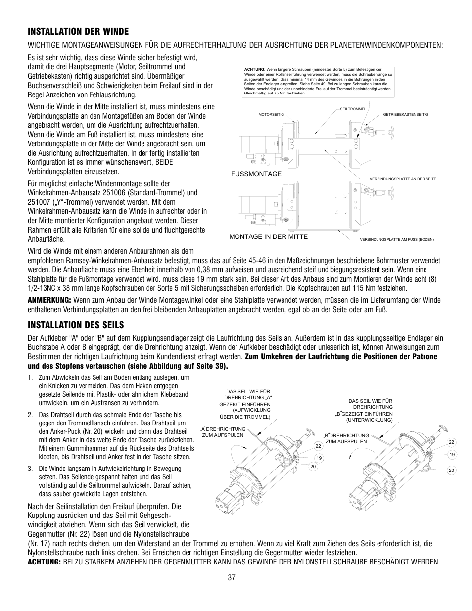 Installation der winde, Installation des seils | Ramsey Winch RPH 42,2 User Manual | Page 37 / 65