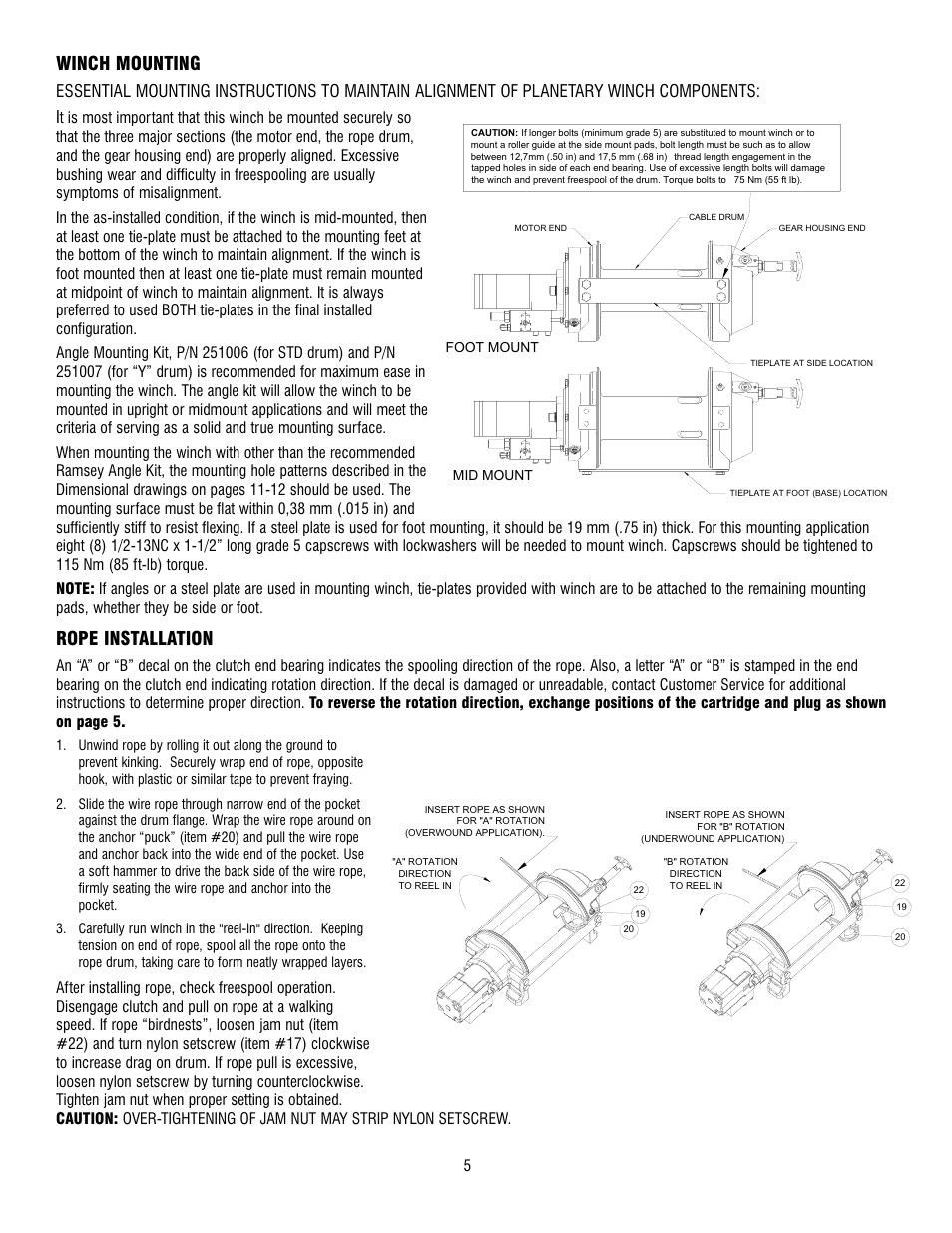 Winch mounting, Rope installation | Ramsey Winch RPH 42,2 User Manual | Page 5 / 65