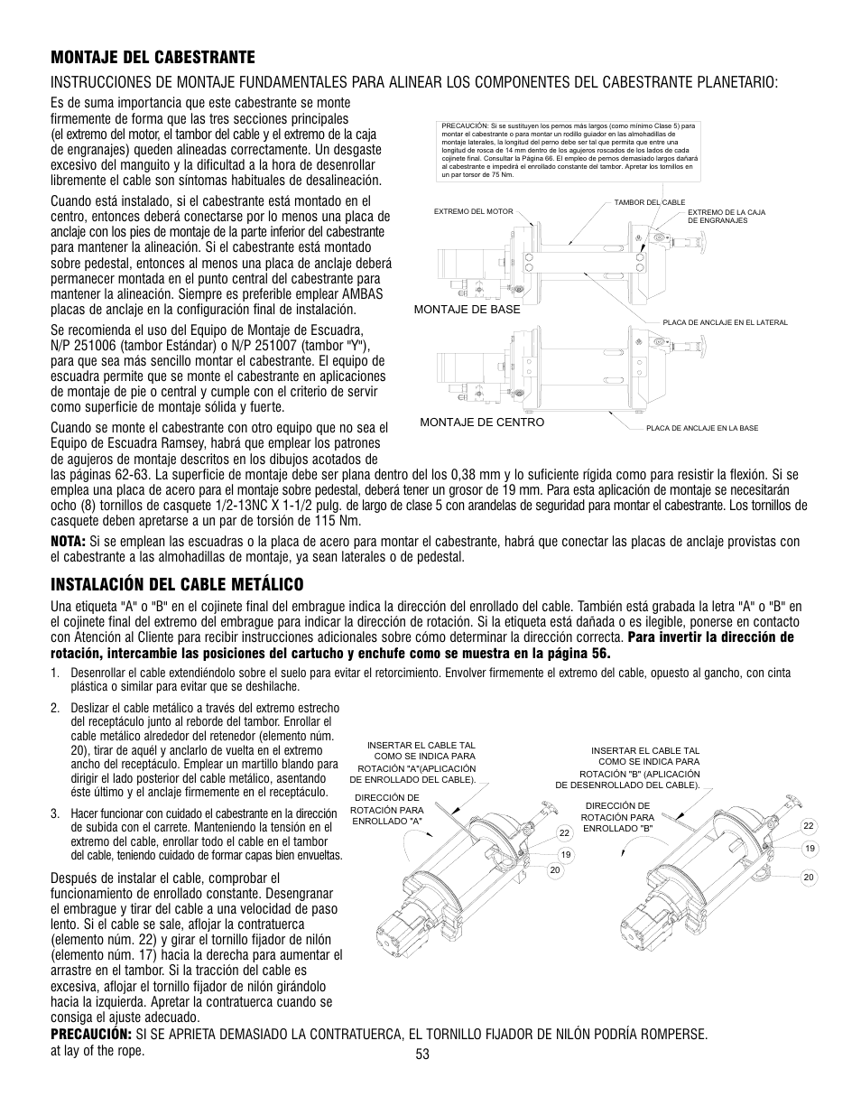 Montaje del cabestrante, Instalación del cable metálico | Ramsey Winch RPH 42,2 User Manual | Page 53 / 65