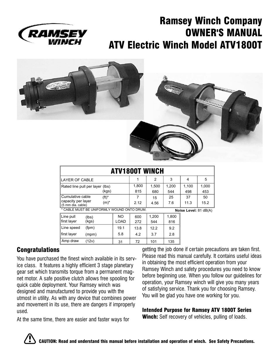 Ramsey Winch ATV 1800T User Manual | 12 pages