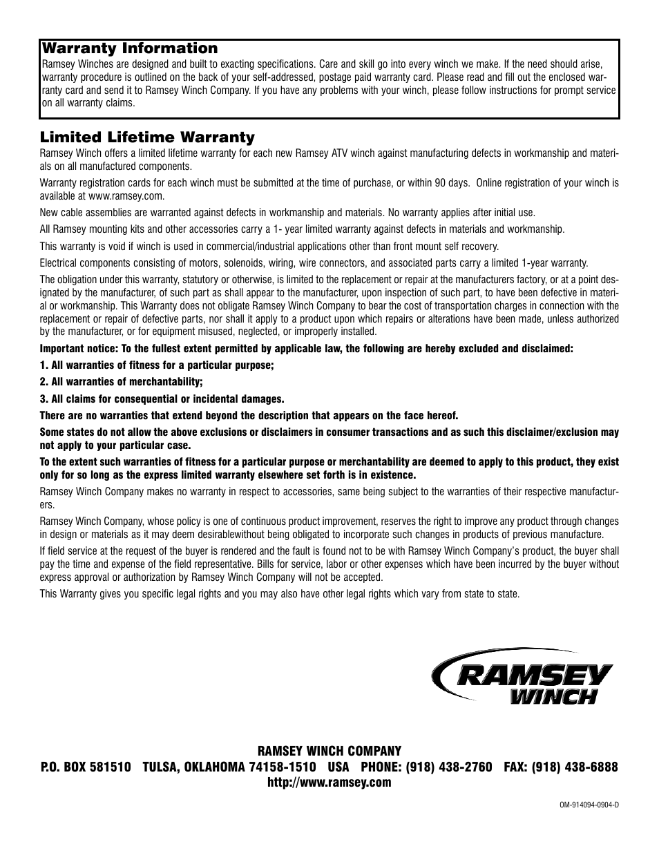 Warranty information, Limited lifetime warranty | Ramsey Winch ATV 1800T User Manual | Page 12 / 12