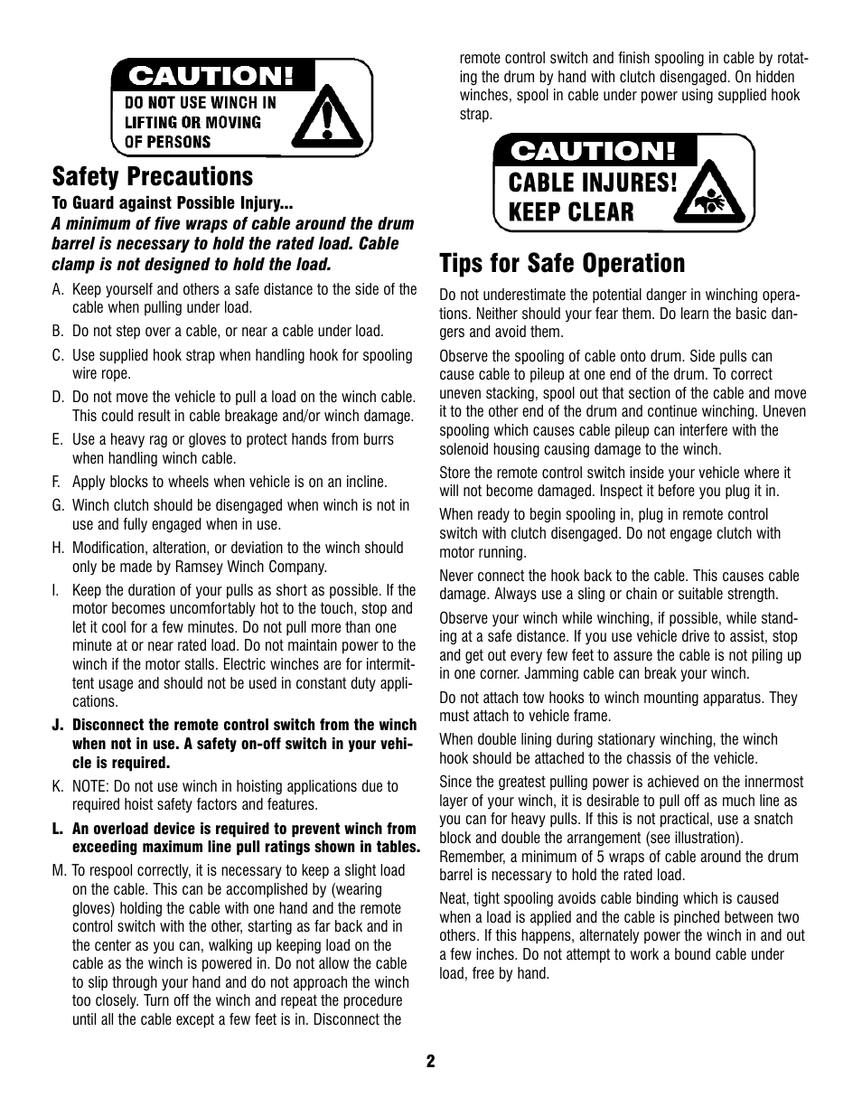 Safety precautions, Tips for safe operation | Ramsey Winch PROFILE 6000/8000T User Manual | Page 2 / 13