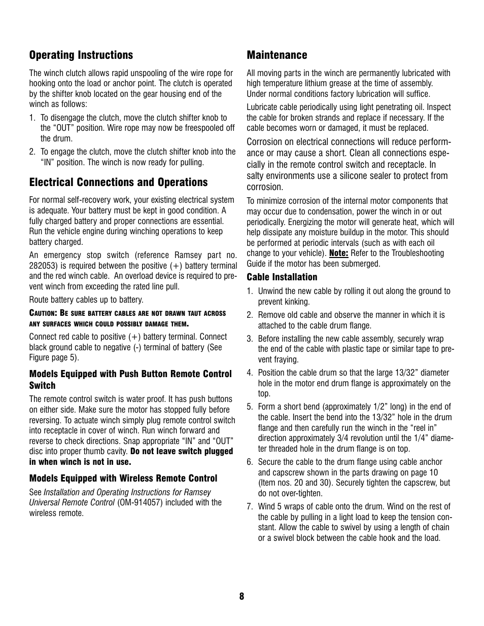 Operating instructions, Electrical connections and operations, Maintenance | Ramsey Winch PROFILE 6000/8000T User Manual | Page 8 / 13