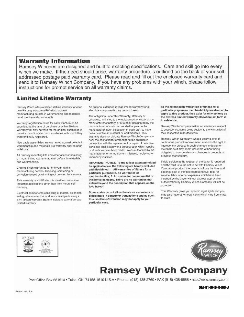 Ramsey Winch PROPLUS 6000/8000T User Manual | Page 12 / 12