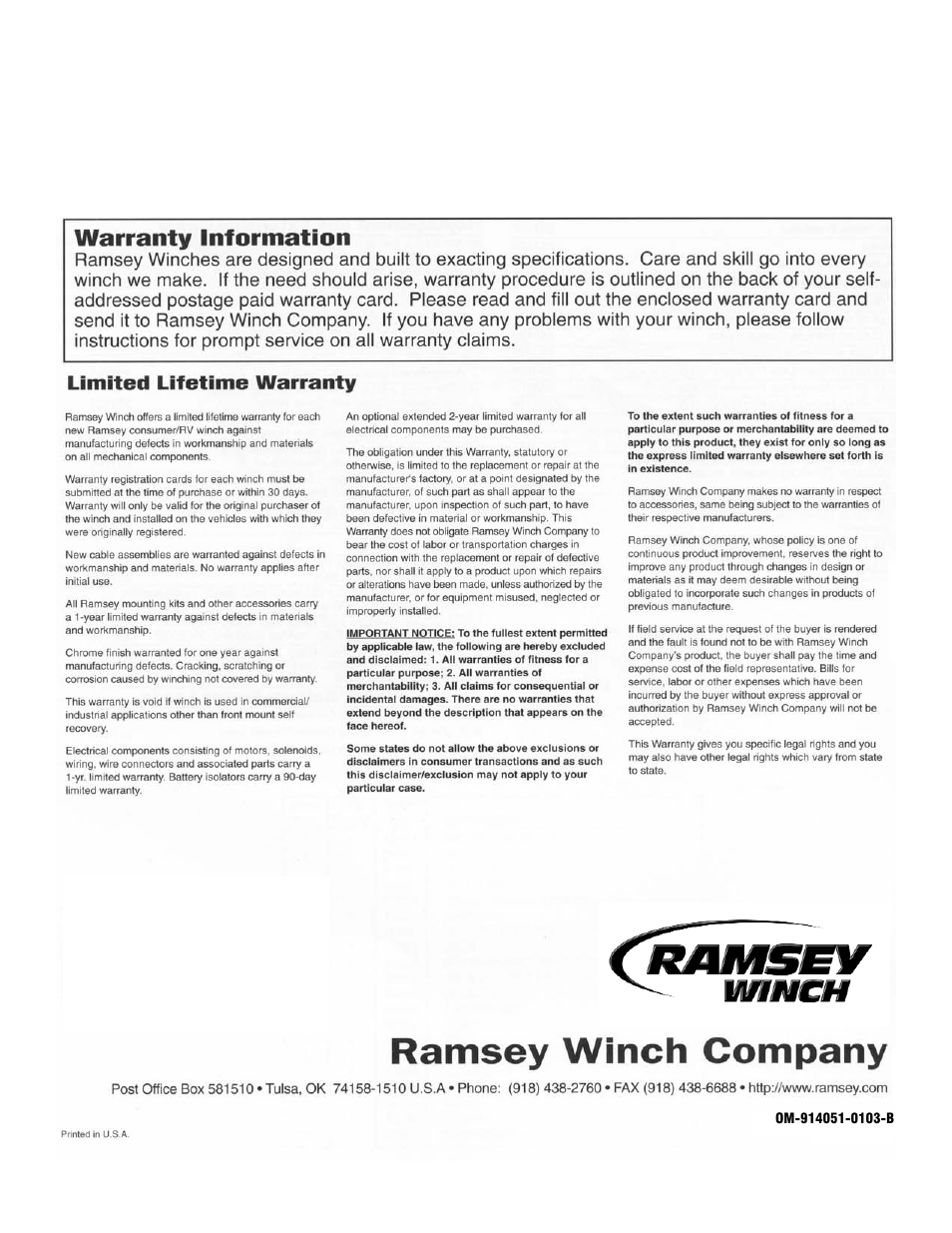 Ramsey Winch RE 8000/10000/12000T User Manual | Page 12 / 12