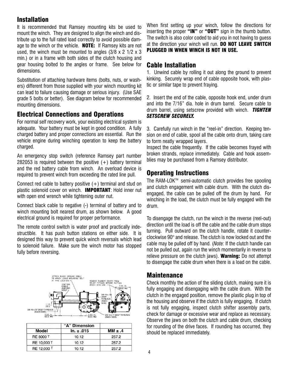 Installation, Electrical connections and operations, Cable installation | Operating instructions, Maintenance | Ramsey Winch RE 8000/10000/12000T User Manual | Page 4 / 12