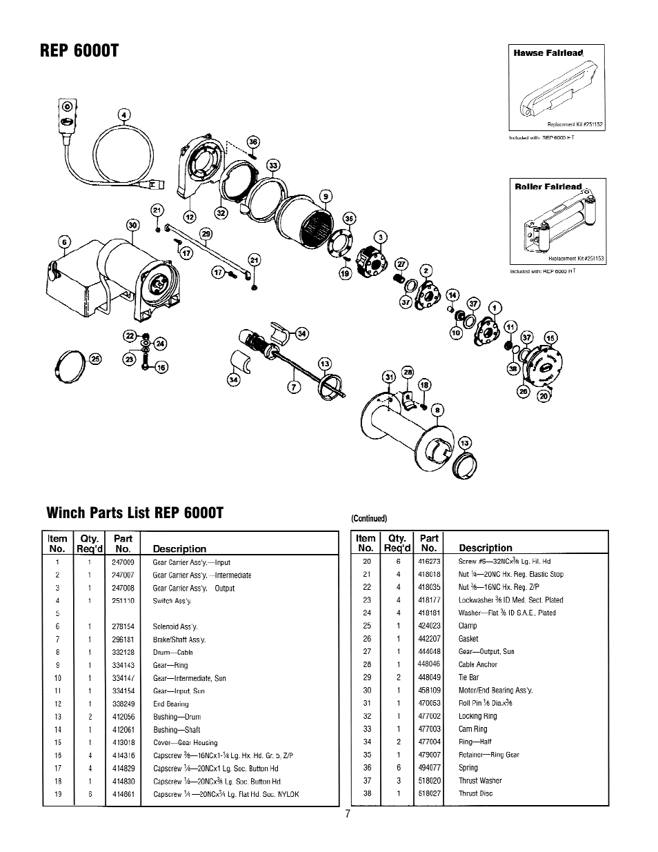 Rep 6000t, Winch parts list rep 6000t | Ramsey Winch REP 6000/8000T User Manual | Page 7 / 12