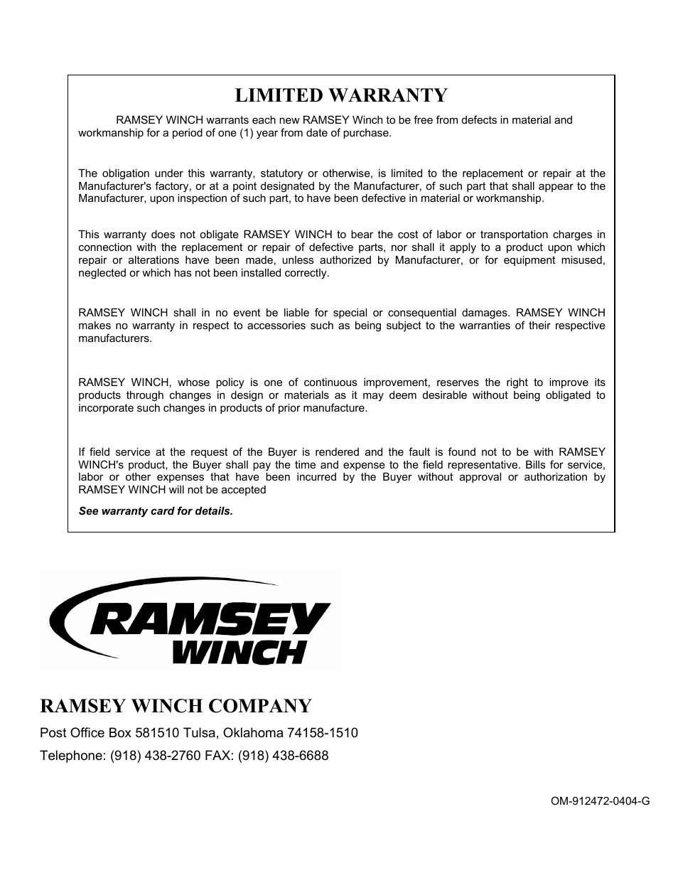 Ramsey winch company, Limited warranty | Ramsey Winch RPH 10000T User Manual | Page 27 / 27
