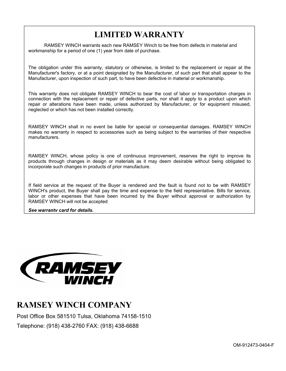 Ramsey winch company, Limited warranty | Ramsey Winch RPH 10000XT User Manual | Page 20 / 20