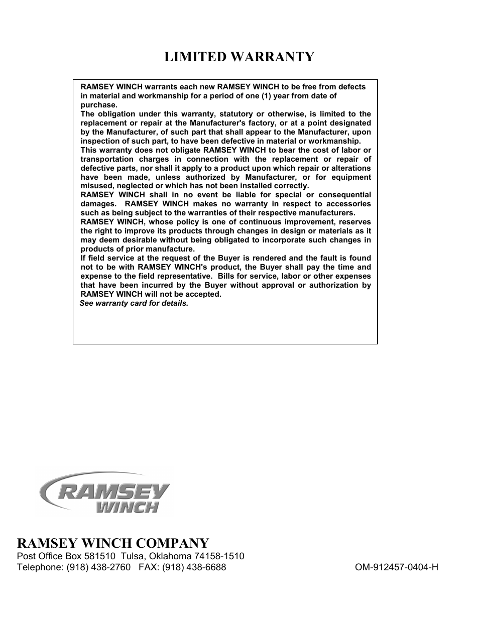 Limited warranty, Ramsey winch company | Ramsey Winch RPH 8000T User Manual | Page 24 / 24