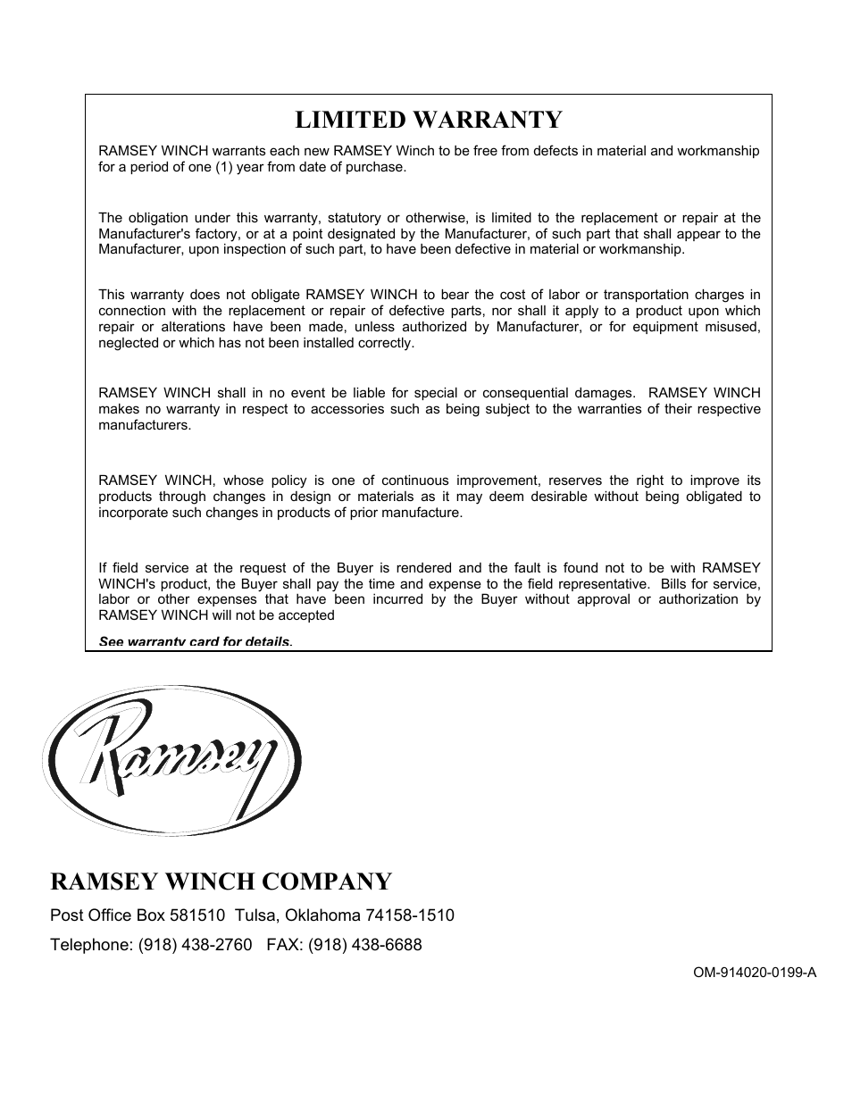 Ramsey winch company, Limited warranty | Ramsey Winch RPH-15000T User Manual | Page 22 / 22