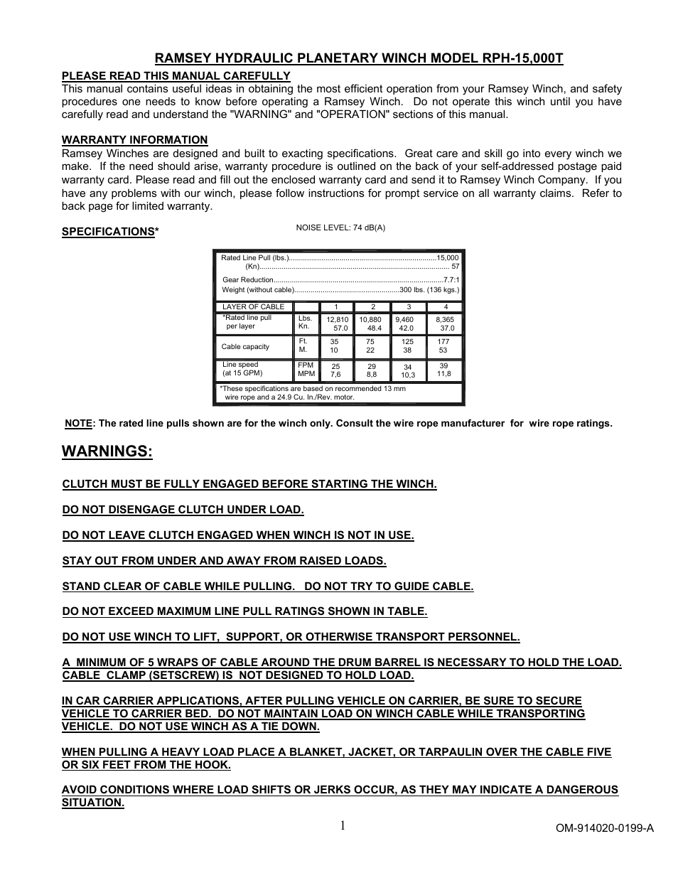 Warnings | Ramsey Winch RPH-15000T User Manual | Page 3 / 22