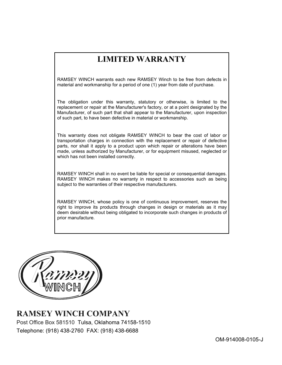 Ramsey winch company, Limited warranty | Ramsey Winch RPH-30000T-117 User Manual | Page 20 / 20