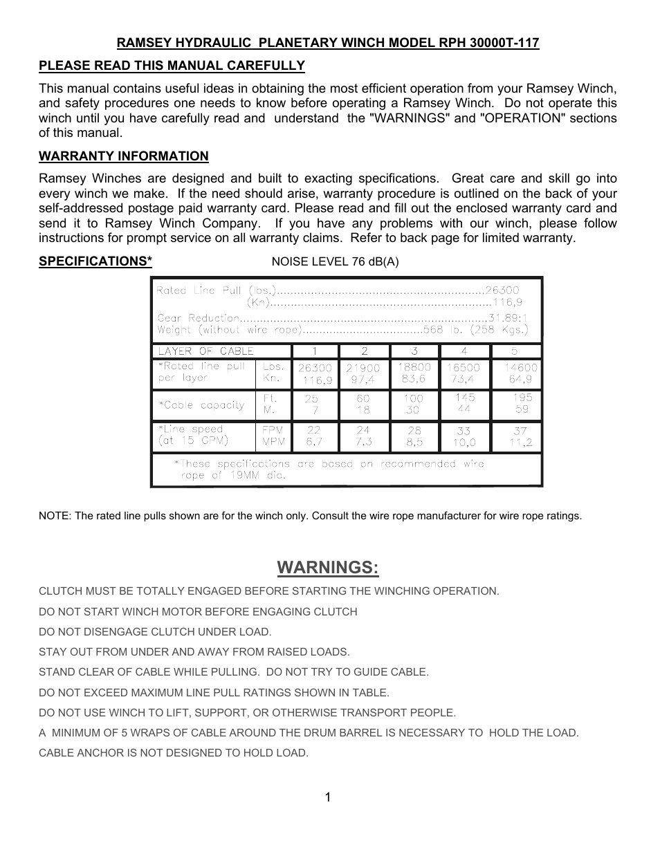 Warnings | Ramsey Winch RPH-30000T-117 User Manual | Page 3 / 20