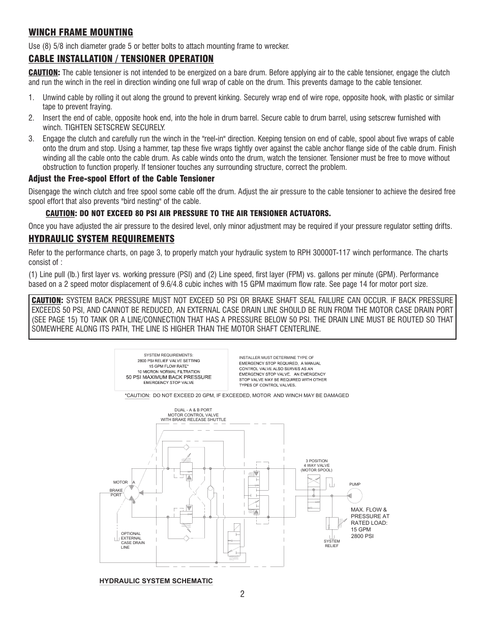 Winch frame mounting, Cable installation / tensioner operation, Hydraulic system requirements | Ramsey Winch RPH-30000T-117 User Manual | Page 4 / 20