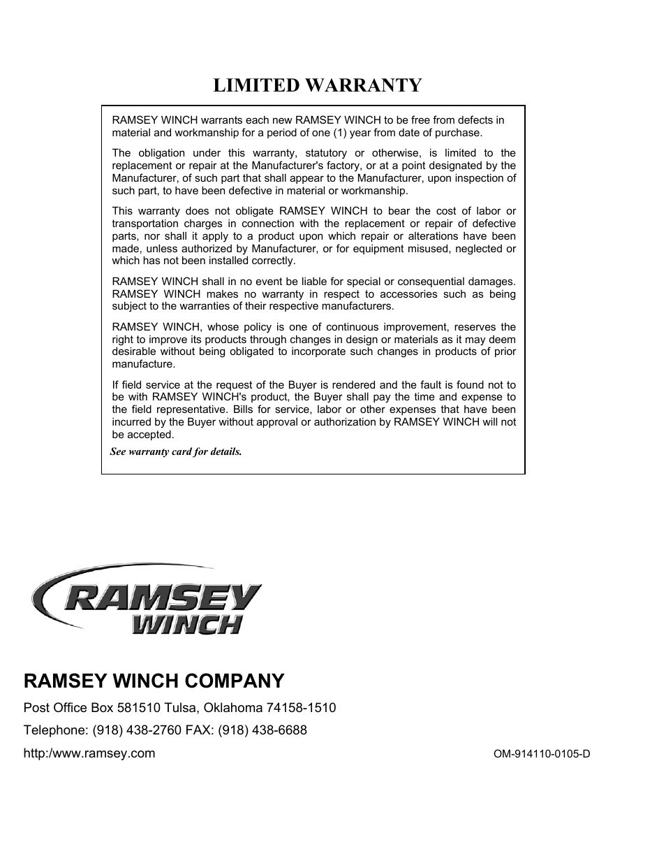 Limited warranty, Ramsey winch company | Ramsey Winch RPH-45000T User Manual | Page 20 / 20