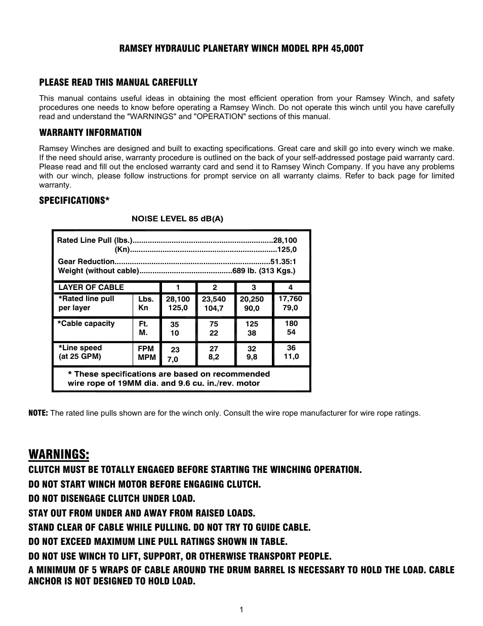 Warnings | Ramsey Winch RPH-45000T User Manual | Page 4 / 20