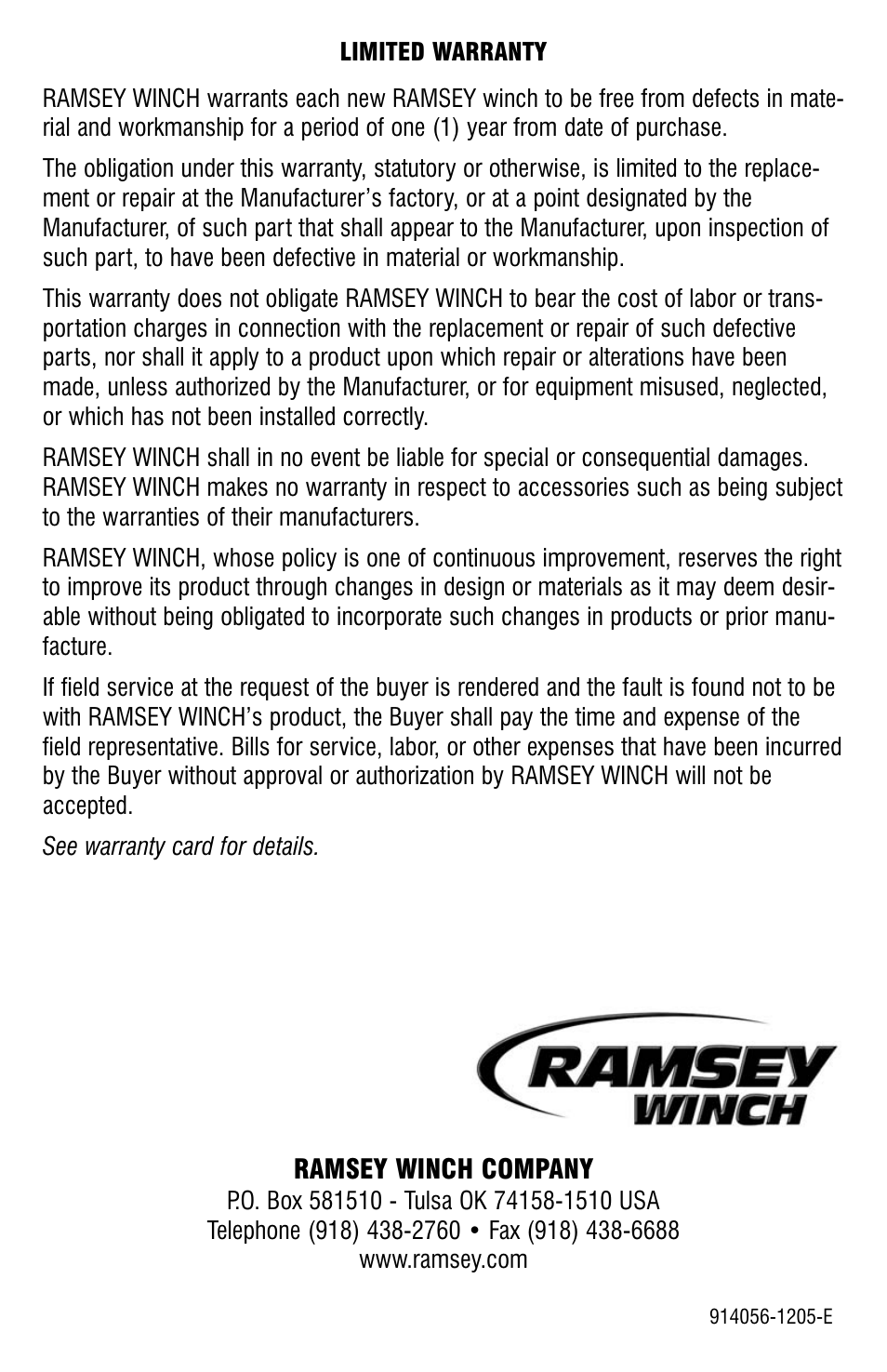 Ramsey Winch H-800 (JERR-DAN) User Manual | Page 20 / 20