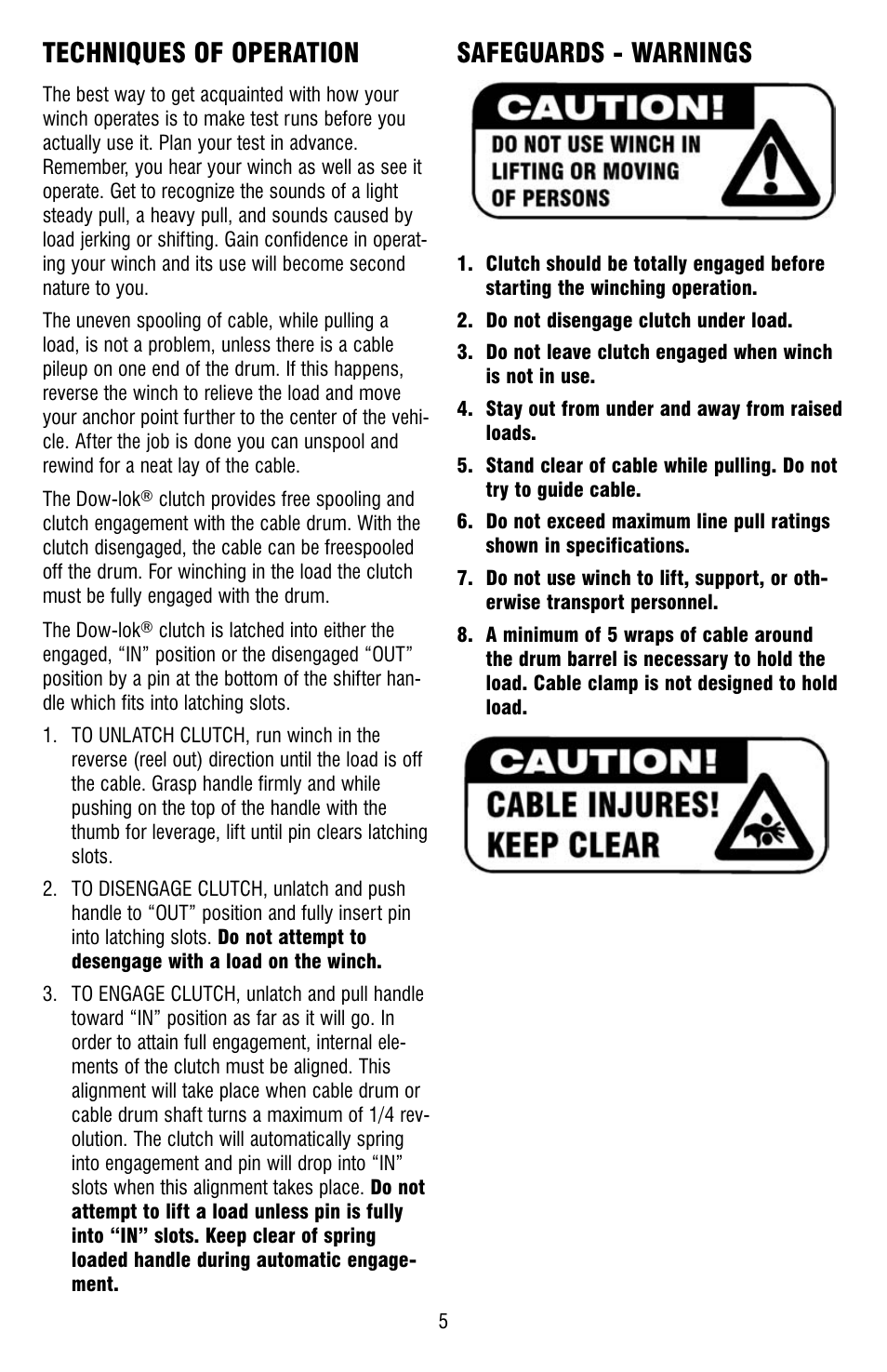 Techniques of operation, Safeguards - warnings | Ramsey Winch H-800 (JERR-DAN) User Manual | Page 5 / 20