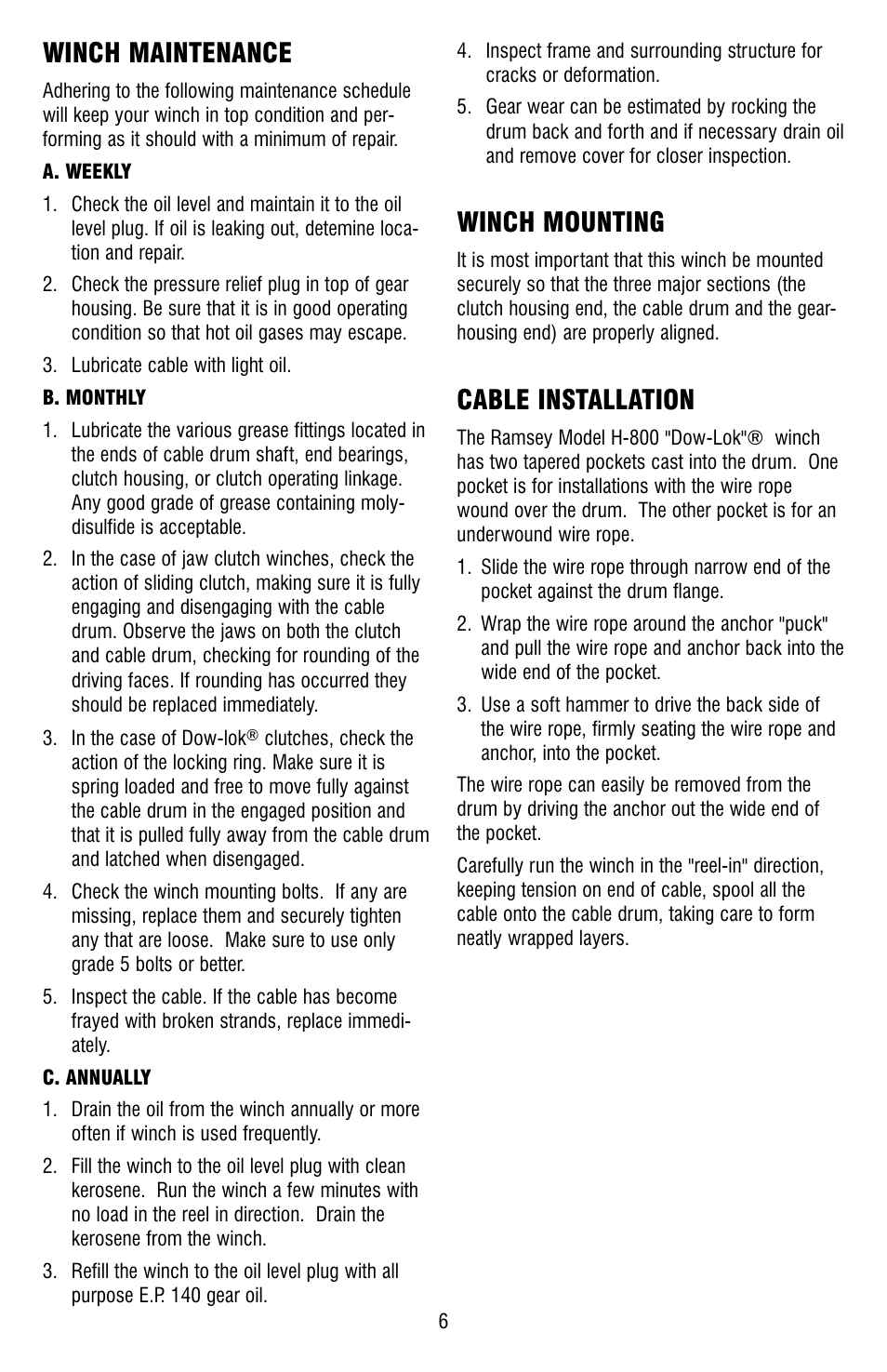 Winch maintenance, Winch mounting, Cable installation | Ramsey Winch H-800 (JERR-DAN) User Manual | Page 6 / 20