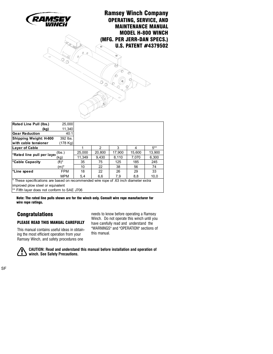 Ramsey Winch H-800 DOW-LOK (JERR-DAN) User Manual | 20 pages