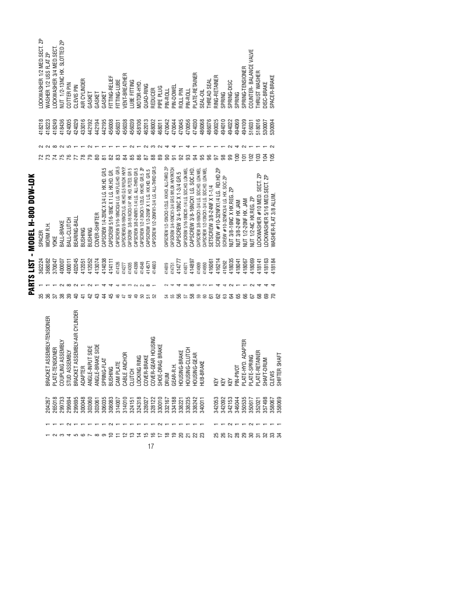 Parts list - model h-800 dow -l ok | Ramsey Winch H-800 DOW-LOK (JERR-DAN) User Manual | Page 17 / 20